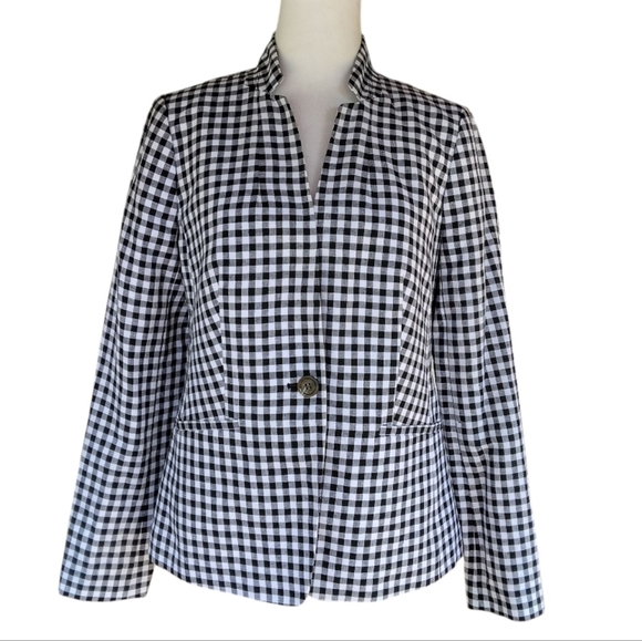 Talbots Wesley Linen Cotton Blend Notched Collar Gingham Blazer Size 2 - Picture 2 of 9